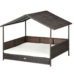 Outdoor Dog Bed with Canopy, Rattan Dog Bed with Soft Cushion Removable Cover for Medium and Large Dogs, Cream White