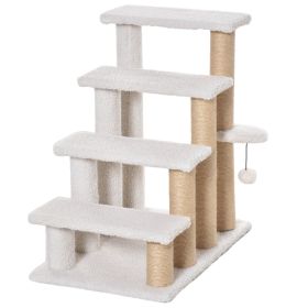 PawHut 4-Level Pet Stairs Cat Steps Carpeted Ladder Ramp Kitten Tree Climber Scratching Posts Hanging Play Ball for Bed Sofa White