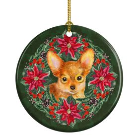Toy Terrier Poinsetta Wreath Ceramic Ornament Christmas Tree Hanging Decorations for Home Christmas Holiday, Party, Gift, 3 in, Multicolor