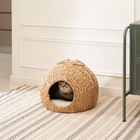 Gertrude Water Hyacinth Woven Wicker Round Cat Bed Cave with Handles - 18" x 18" x 18" - For Any Size Cat Breeds, Chihuahua and Use with Cat Towe