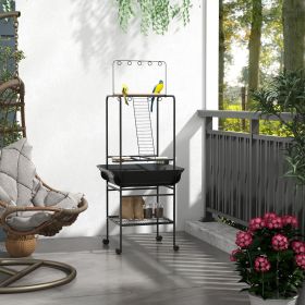 Bird Stand with Wheels, Perches, Stainless Steel Feed Bowls, Pull-Out Tray for Indoor Outdoor Small Parrot, Dark Gray