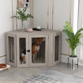 Corner Dog Crate, Furniture Dog Cages with Cushion for Large-Sized Dog, Indoor Use, Walnut Brown