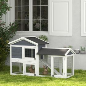 58" Wooden Rabbit Hutch with Run, Removable Tray, Asphalt Roof, Lockable Doors and Ramp, Gray