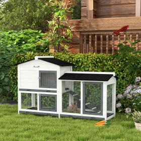 62" Rabbit Hutch, Wooden Bunny Hutch, Guinea Pig Cage, Small Animal Enclosure with Run Area, Removable Tray, Asphalt Roof, Lockable Doors and Ramp