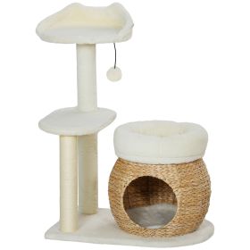 PawHut 31" Cat Tree Tower with Scratching Posts, Cat Condo, Beds, Platform and Toy Ball for Indoor Cats, Cream White