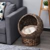 Handwoven Elevated Cat Bed with Rotating Basket and Soft Cushion, Wicker Cat Egg Chair with Stand, Brown