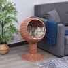 Elevated Cat Bed with Rotatable Egg Chair Pod, Cat Basket Bed with Thick Cushion, Natural Mat Grass Woven Kitty House, Brown