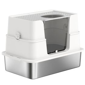 XL Stainless Steel Litter Box w/ 100° Flip Top, Scoop, Side Top Dual Entry, Odor Free, Easy Cleaning, Anti Leakage