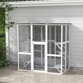 Large Outdoor Catio Enclosure, Wooden Cat Patio with 6 Balanced Platforms and Asphalt Roof, 70.9" x 38.6" x 70.9", White