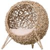Rattan Cat House with Cushion, Elevated Wicker Kitten Bed for Indoor Cats, Natural Wood