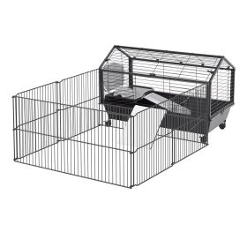 Metal Small Animal Cage, Rabbit Cage for Guinea Pig Chinchilla Hedgehog Bunny with Removable Wheels and Foldable Detachable Run Fence