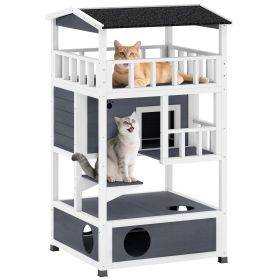 4-Floor Wood Outdoor Cat House Catio for Cats with Condo, Fun Entrances, Perch, Grey