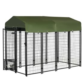 Outdoor Dog Kennel, Lockable Pet Playpen Crate, Welded Wire Steel Fence, Rotating Bowl Holders, Green