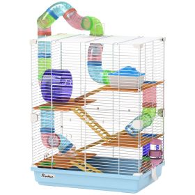 5 Tiers Hamster Cage Portable with Exercise Wheels Play Tube Water Bottle Dishes House Ladder for Gerbils, Light Blue