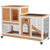 Wooden Rabbit Hutch, Indoor Bunny Cage with Wheels, Pull Out Trays, Run, Yellow