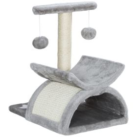 17" Small Cat Tree with Scratching Post, Cat Tower with Rotatable Top Pole, Platform, 2 Dangling Balls, Light Grey