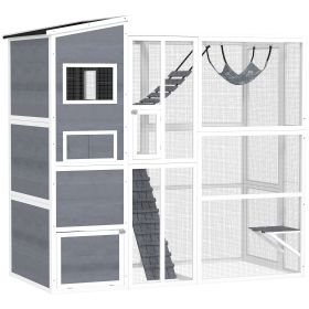 76" Catio Outdoor Cat Enclosure with Cat Condo, Jumping Platforms, Ladder, Ramps, Hammock for 2-3 Indoor Cats, Grey