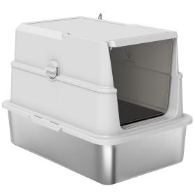 XL Stainless Steel Cat Litter Box for Big Cats with Flip Top, Scoop, Easy Clean & No Odors, Non-Sticky