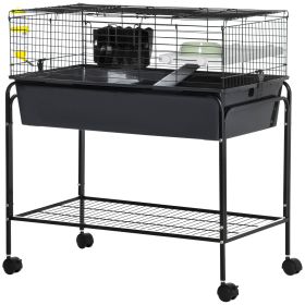 35" Small Animal Cage Rolling Guinea Pig Cage with Detachable Stand, Water Dispenser, Food Dish, Ramp, Wheels, Dark Grey