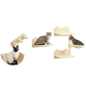 Cat Wall Shelves, 3PCs Cat Shelves with Hammock, Scratching Post, 3 Steps, Jumping Platforms, Wall Mounted Cat Climber, Beige
