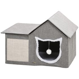 Large Cat Bed for Indoor, Cat House Hideaway with Soft Cushion, Scratching Pad, Dangling Ball, Dual Entrances, Grey