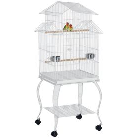 53.9'' Large Rolling Steel Bird Cage Bird House with Detachable Rolling Stand, Storage Shelf, Wood Perch, Food Container, White