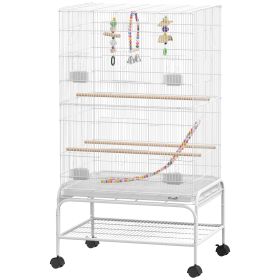 43" Bird Cage with Rolling Stand, Toys, for Budgies Canaries White