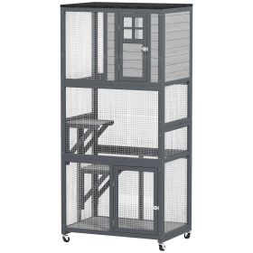 74" Wooden Outdoor Cat House Weatherproof & Wheeled with High Weight Capacity, Kitten Cage Condo, Light Grey