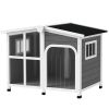 Wooden Dog House, Raised Pet Kennel with Removable Bottom, Openable Asphalt Roof, Door Curtain, Side Windows, Dark Grey