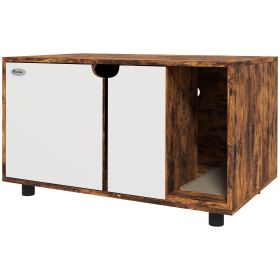 Hidden Cat Litter Box Enclosure with Double Doors and Sand Drain Pad, Rustic Brown