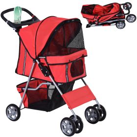 4 Wheel Dog Pet Stroller Dog Cat Carrier Folding Sunshade Canopy with Brake, Red