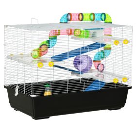 31" Large Hamster Cage, Small Animal House, Multi-storey Gerbil Haven, Tunnel Tube System, with Water Bottle, Exercise Wheel, Food Dish, Ramps, Black