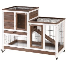 Wooden Rabbit Hutch, Indoor Bunny Cage with Wheels, Pull Out Trays, Run, Brown