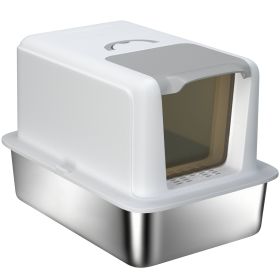 Stainless Steel Cat Litter Box w/ Removable Lid & Scoop, for Small to Large Cats, Easy to Clean, White