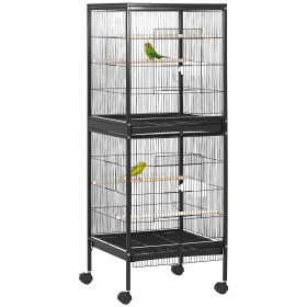 55.1" 2 In 1 Bird Cage Aviary Parakeet House for finches, budgies with Wheels, Slide-out Trays, Wood Perch, Food Containers, Black