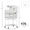 55" Large Parrot Cage with Toy Hooks Above Top Bird Perch, Tray, Food Cups, Rolling Stand, Bird Cage for Cockatiels, Parakeets, Lovebirds