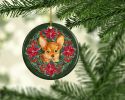 Toy Terrier Poinsetta Wreath Ceramic Ornament Christmas Tree Hanging Decorations for Home Christmas Holiday, Party, Gift, 3 in, Multicolor