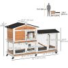 62" Wooden Rabbit Hutch with Wheels, Run Box, Tray, Ramp for Small Animals, Guinea Pig, Indoor Outdoor Use, Yellow