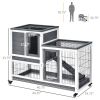 Wooden Rabbit Hutch Elevated Bunny Cage Indoor Small Animal Habitat with Enclosed Run with Wheels, Ramp, Removable Tray Ideal for Guinea Pigs, Grey