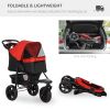 3 Wheel Folding Dog Stroller, Jogger Travel Carrier with Adjustable Canopy, Storage Brake, Mesh Window for S&M Dogs, Red
