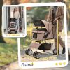 4 Wheel Dog Pet Stroller Dog Cat Carrier Folding Sunshade Canopy with Brake, Safety Leash, Cup Holder, Brown