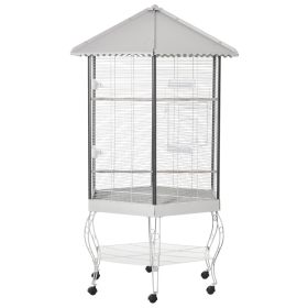 PawHut 77" Flight Bird Cage Hexagon Covered Canopy, Portable Bird Aviary With Storage, Gray and White