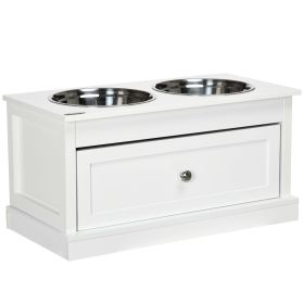 PawHut Elevated Dog Bowls Large Dog Feeder Station with 2 Stainless Steel Bowls Storage Drawer Wood Stand White