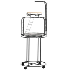 PawHut Large Parrot Stand Bird Perch with Toy Hook 3 Ladders Wooden Gray