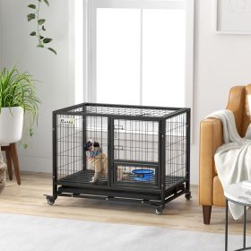 36" Heavy Duty Dog Kennel w/ Bowl Holder, Wheels, Openable Top, Removable Tray for Medium & Large Dogs, Black
