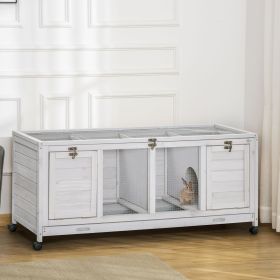 Wooden Rabbit Hutch with Wheels, Dividers for Indoor Use, Light Gray
