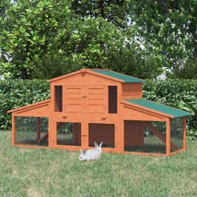 89"L Outdoor Rabbit Hutch, Guinea Pig Cage Indoor Outdoor Wooden Bunny Hutch with Double Runs, Weatherproof Roof, Removable Tray, Ramps, Orange