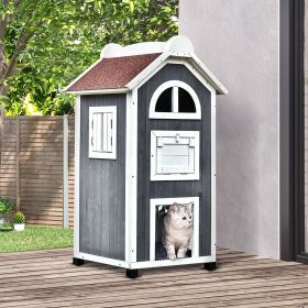 43"H Wooden Cat House Outdoor with Hammock, Weatherproof 3-Floor Feral Cat Shelter with Escape Doors, Asphalt Roof, Inside Ladders, Gray