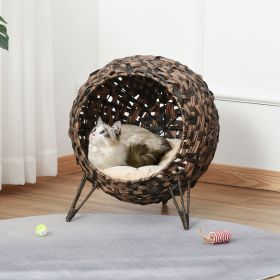 20.5" Weaved Cat Bed, Elevated Hand-woven Braided Banana Leaf Kitten House Condo with Cushion, Brown