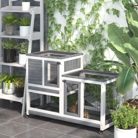 Wooden Rabbit Hutch Elevated Bunny Cage Indoor Small Animal Habitat with Enclosed Run with Wheels, Ramp, Removable Tray Ideal for Guinea Pigs, Grey